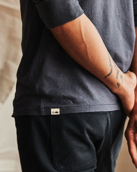 fit model showing off details on The Cotton Hemp Long Sleeve Tee in Navy, Knits by Taylor Stitch