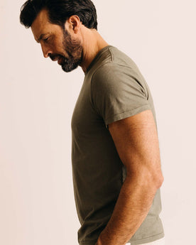 fit model in The Cotton Hemp Tee in Olive, Knits by Taylor Stitch