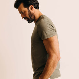 fit model in The Cotton Hemp Tee in Olive