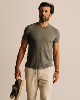 fit model showing off The Cotton Hemp Tee in Olive, Knits by Taylor Stitch