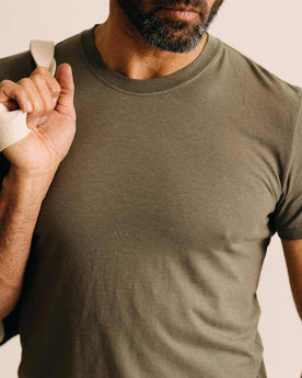 fit model wearing The Cotton Hemp Tee in Olive, Knits by Taylor Stitch