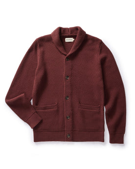 flatlay of The Crawford Cardigan Sweater in Black Cherry, Knits by Taylor Stitch