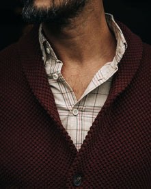 fit model showing off collar detail on The Crawford Sweater in Black Cherry