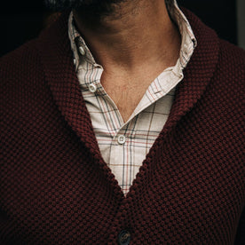 fit model showing off collar detail on The Crawford Sweater in Black Cherry