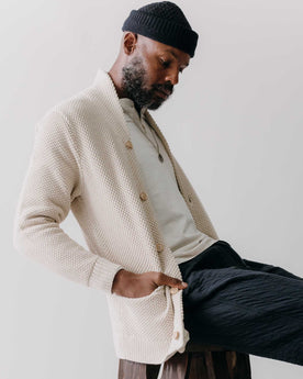 fit model wearing The Crawford Cardigan Sweater in Marled Natural, Knits by Taylor Stitch