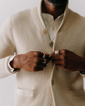 fit model showing the seed stitch on The Crawford Sweater in Marled Natural, Knits by Taylor Stitch