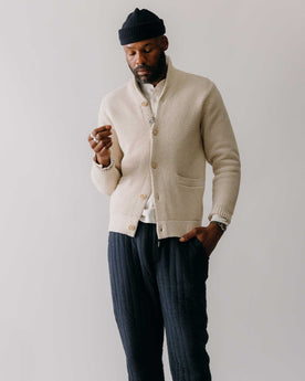 fit model showing the shawl collar on The Crawford Sweater in Marled Natural, Knits by Taylor Stitch