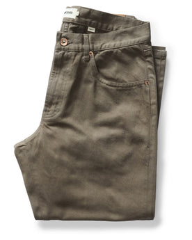 flatlay of The Democratic All Day Pant in Fatigue Olive Selvage Denim, Bottoms by Taylor Stitch