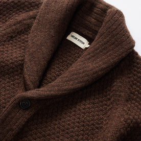 material shot of the shawl collar on The Fisherman Shawl Cardigan in Marsh Heather