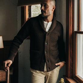 fit model in The Fisherman Shawl Cardigan in Marsh Heather