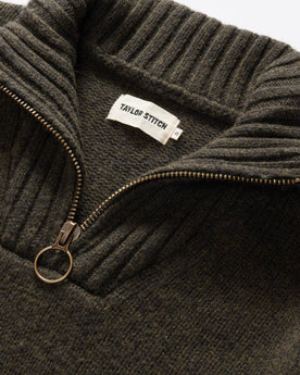 material shot of the collar on The Quarter Zip Tanker Sweater in Loden, Knits by Taylor Stitch