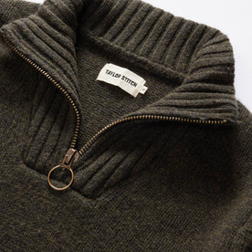 material shot of the collar on The Quarter Zip Tanker Sweater in Loden