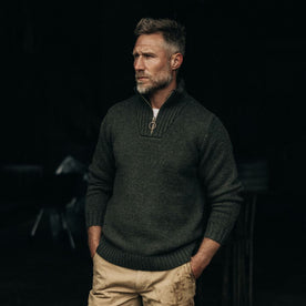 fit model wearing The Quarter Zip Tanker Sweater in Loden