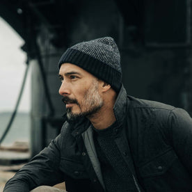 fit model in The Headland Beanie in Dark Navy