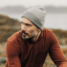 fit model in The Headland Beanie in Warm Grey