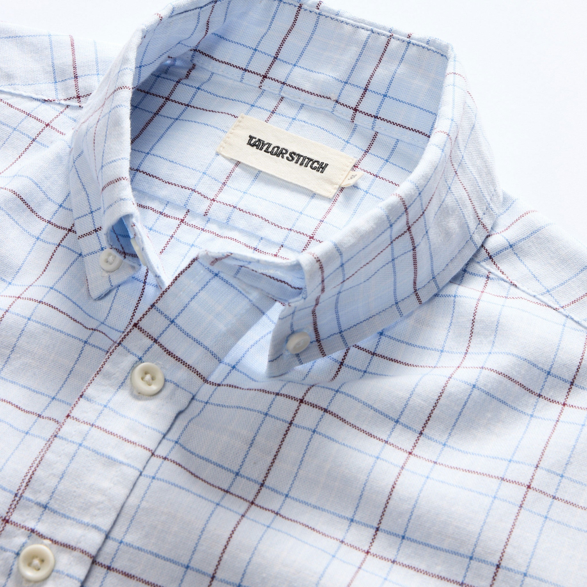 material shot of the collar on The Jack in Blue Fade Plaid, Wovens by Taylor Stitch