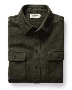 folded flatlay of The Ledge Shirt in Dark Forest Linen Tweed, Wovens by Taylor Stitch