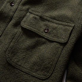 material shot of the pocket on The Ledge Shirt in Dark Forest Linen Tweed
