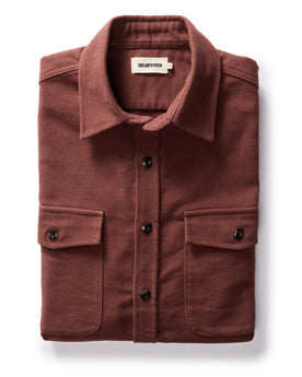 flatlay of The Maritime Shirt Jacket in Black Cherry Moleskin, Wovens by Taylor Stitch