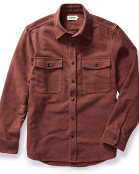 flatlay of The Maritime Shirt Jacket in Black Cherry Moleskin, Wovens by Taylor Stitch