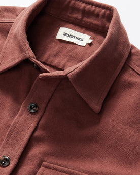 material shot of the collar on The Maritime Shirt Jacket in Black Cherry Moleskin, Wovens by Taylor Stitch