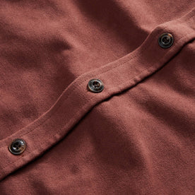 material shot of the buttons on The Maritime Shirt Jacket in Black Cherry Moleskin
