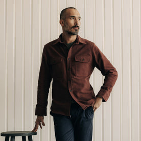 fit model in The Maritime Shirt Jacket in Black Cherry Moleskin