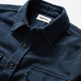 material shot of the collar on The Maritime Shirt Jacket in Dark Navy Moleskin