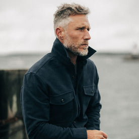 fit model showing the side of The Maritime Shirt Jacket in Dark Navy Moleskin
