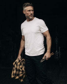 fit model walking wearing The Organic Cotton Tee in Vintage White, Knits by Taylor Stitch