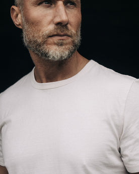 fit model showing off collar on The Organic Cotton Tee in Vintage White, Knits by Taylor Stitch