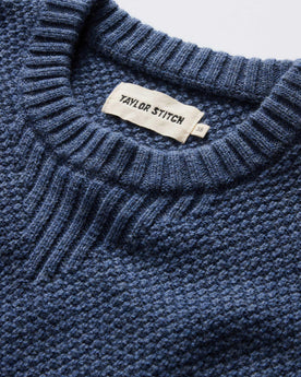 material shot of the collar on The Russell Sweater in Heather Blue, Knits by Taylor Stitch