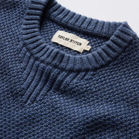 material shot of the collar on The Russell Sweater in Heather Blue