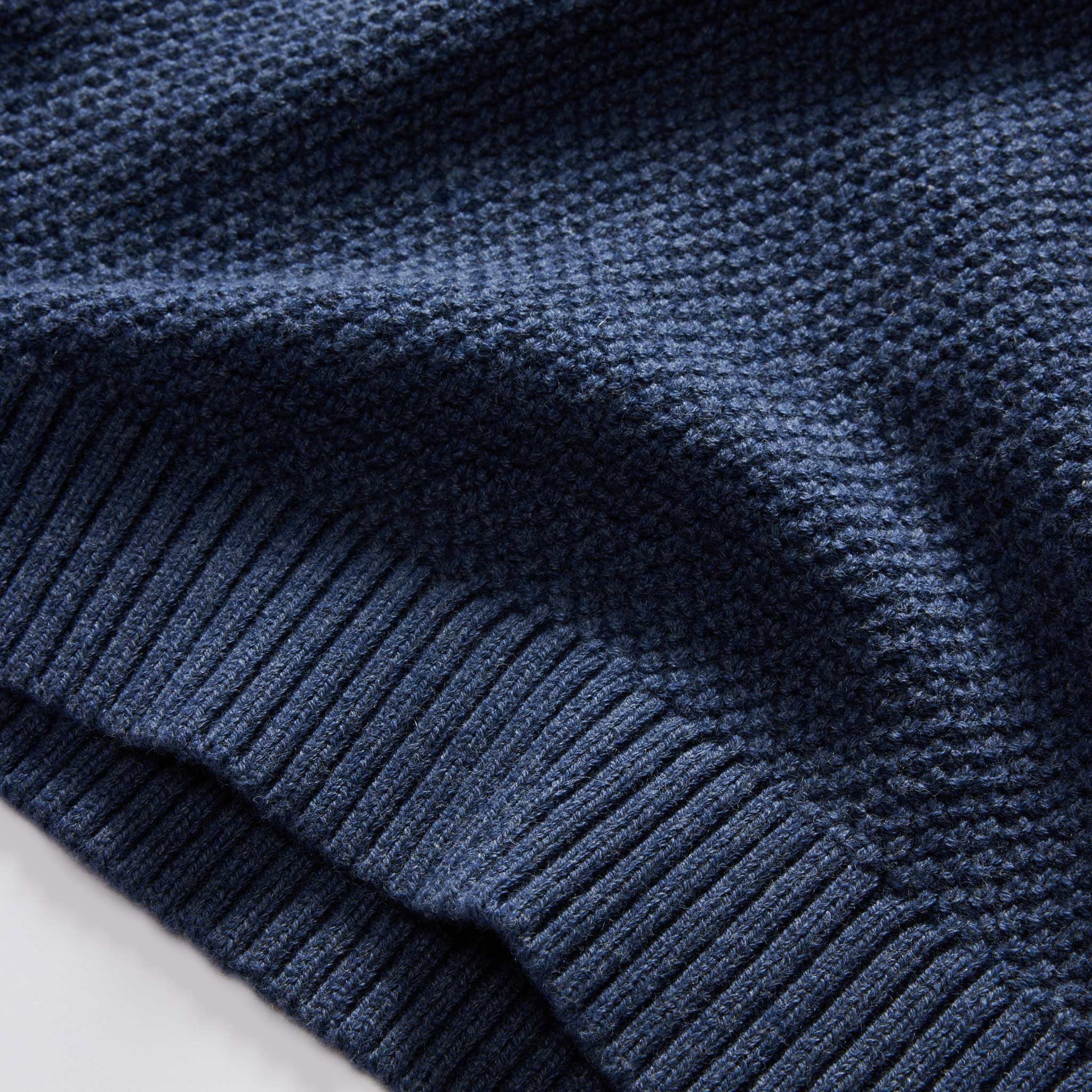 material shot of the hem on The Russell Sweater in Heather Blue, Knits by Taylor Stitch
