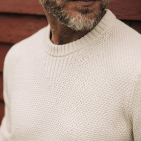 fit model showing off collar on The Russell Sweater in Heather Oat