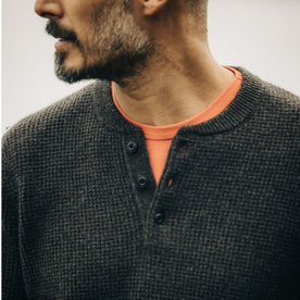 fit model showing off button detail on The Sidecountry Sweater in Coffee Heather Merino Waffle