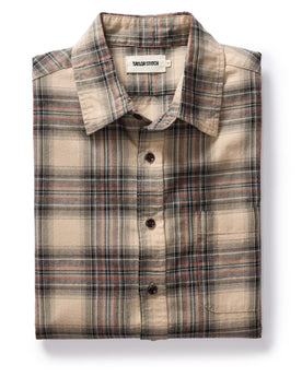 flatlay of The California in Dune Plaid Brushed Cotton Twill, Wovens by Taylor Stitch