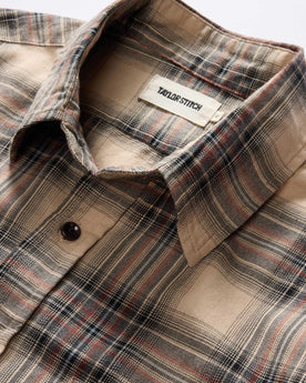material shot of the collar on The California in Dune Plaid Brushed Cotton Twill, Wovens by Taylor Stitch