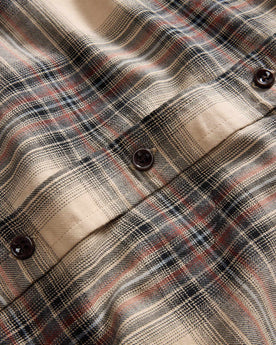 material shot of the buttons on The California in Dune Plaid Brushed Cotton Twill, Wovens by Taylor Stitch