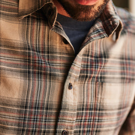 fit model showing the front of The California in Dune Plaid Brushed Cotton Twill