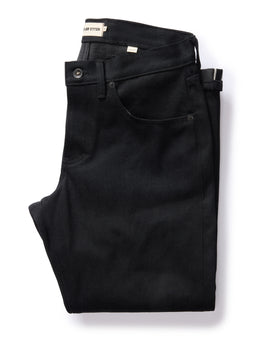 flatlay of The Democratic Jean in Black Nihon Menpu Selvage, Bottoms by Taylor Stitch