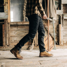 fit model walking in The Democratic Jean in Black Nihon Menpu Selvage