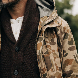 fit model showing the front of The Explorer Jacket in Vintage Arid Camo Dry Wax