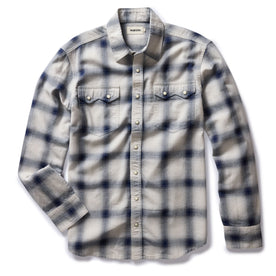 flatlay of The Frontier Shirt in Indigo Shadow Plaid, shown in full