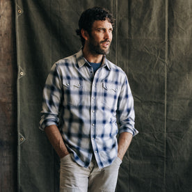 fit model in The Frontier Shirt in Indigo Shadow Plaid