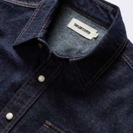 material shot of the collar on The Frontier Shirt in Rinsed Indigo Denim