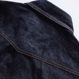 material shot of the b ack yoke on The Frontier Shirt in Rinsed Indigo Denim