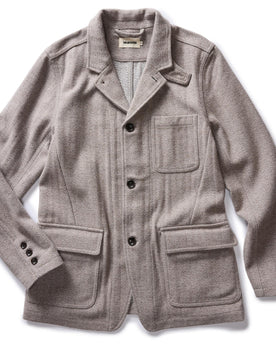 flatlay of The Gibson Jacket in Heathered Oat Nep Herringbone, Outerwear by Taylor Stitch
