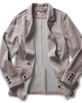 flatlay of The Gibson Jacket in Heathered Oat Nep Herringbone, shown open, Outerwear by Taylor Stitch