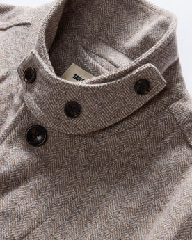 material shot of the throat latch on The Gibson Jacket in Heathered Oat Nep Herringbone, Outerwear by Taylor Stitch